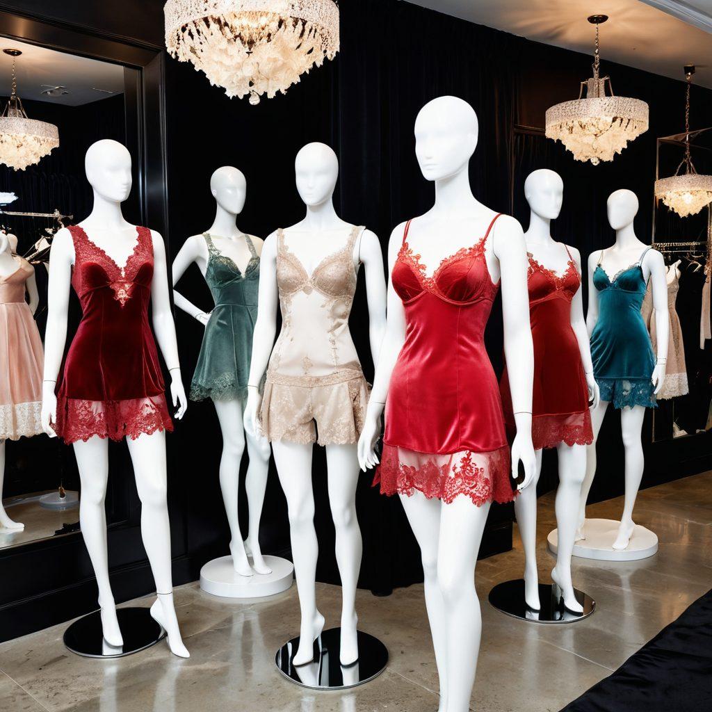 A luxurious boutique showcasing an array of designer lingerie, elegantly displayed on vintage mannequins and plush velvet fabrics. Soft, ambient lighting highlights intricate lace details and vibrant colors, inviting viewers to indulge in comfort and chic styles. A polished mirror reflects the delicate playfulness of the garments, surrounded by floral accents and designer branding. super-realistic. soft lighting. vibrant colors.
